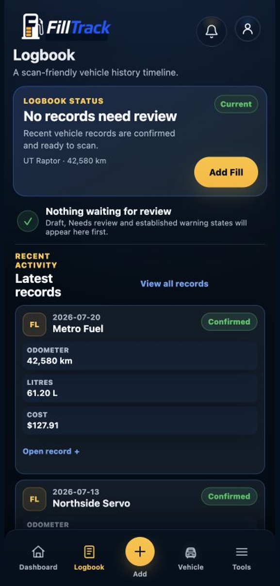 Current FillTrack Build 10 logbook showing review status and confirmed recent vehicle records.